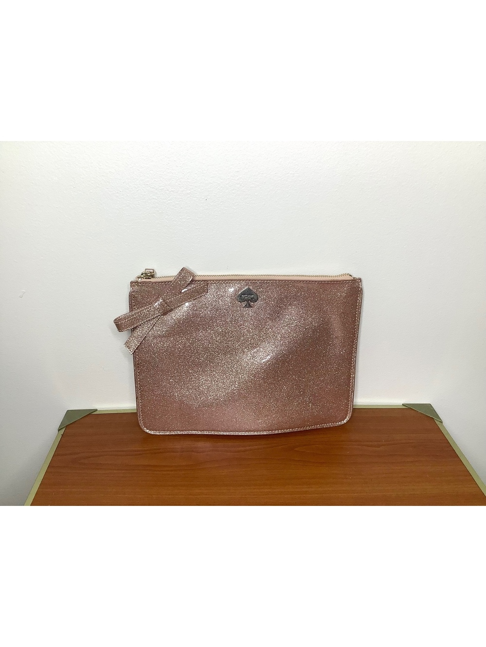 Kate Spade Rose Gold Glitter Vinyl Zip Clutch Bag